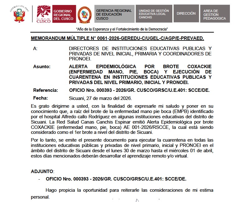 ALERTA EPIDEMIOLÓGICA POR BROTE COXACKIE (ENFERMEDAD MANO, PIE, BOCA) Y EJECUCIÓN DE CUARENTENA EN INSTITUCIONES EDUCATIVAS PUBLICAS Y PRIVADAS DEL NIVEL PRIMARIO, INICIAL Y PRONOEI.